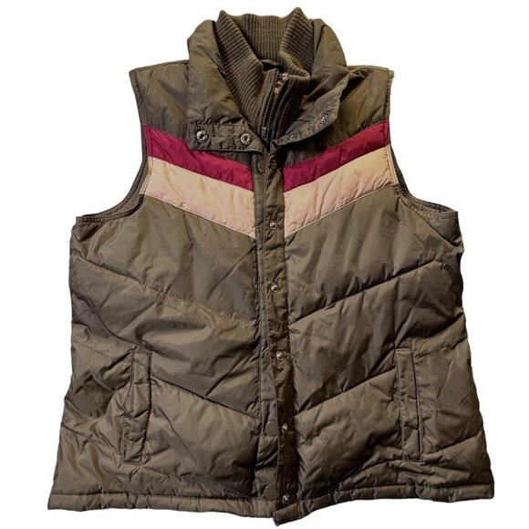 Old Navy Puffer Vest Womens XL Brown Pink Stripes Full Zip Snap Gorpcore Outdoor - Picture 1 of 9
